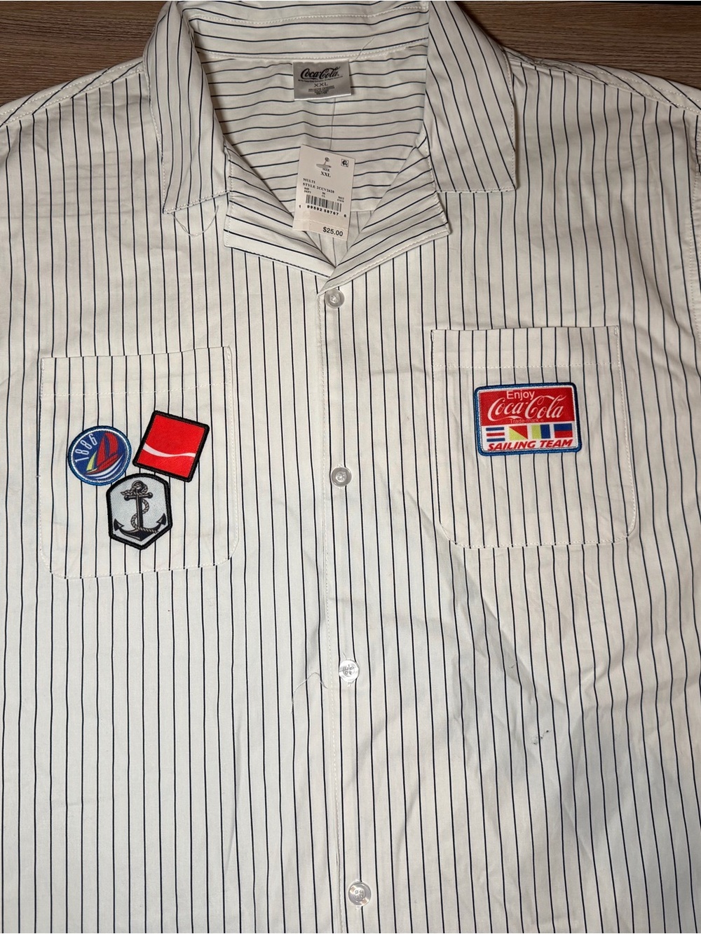 Coca Cola White Shirt with Navy Pinstripes and Patch Details